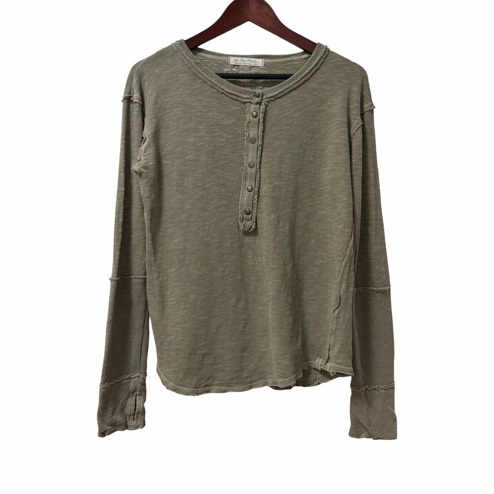 Free People Womens Long Sleeve Knit Henley Top Size L Army Green Raw Hems Boho